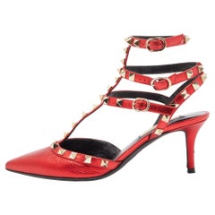 Used Valentino Metallic Red Leather Rockstud Ankle Strap Pumps Size 36.5