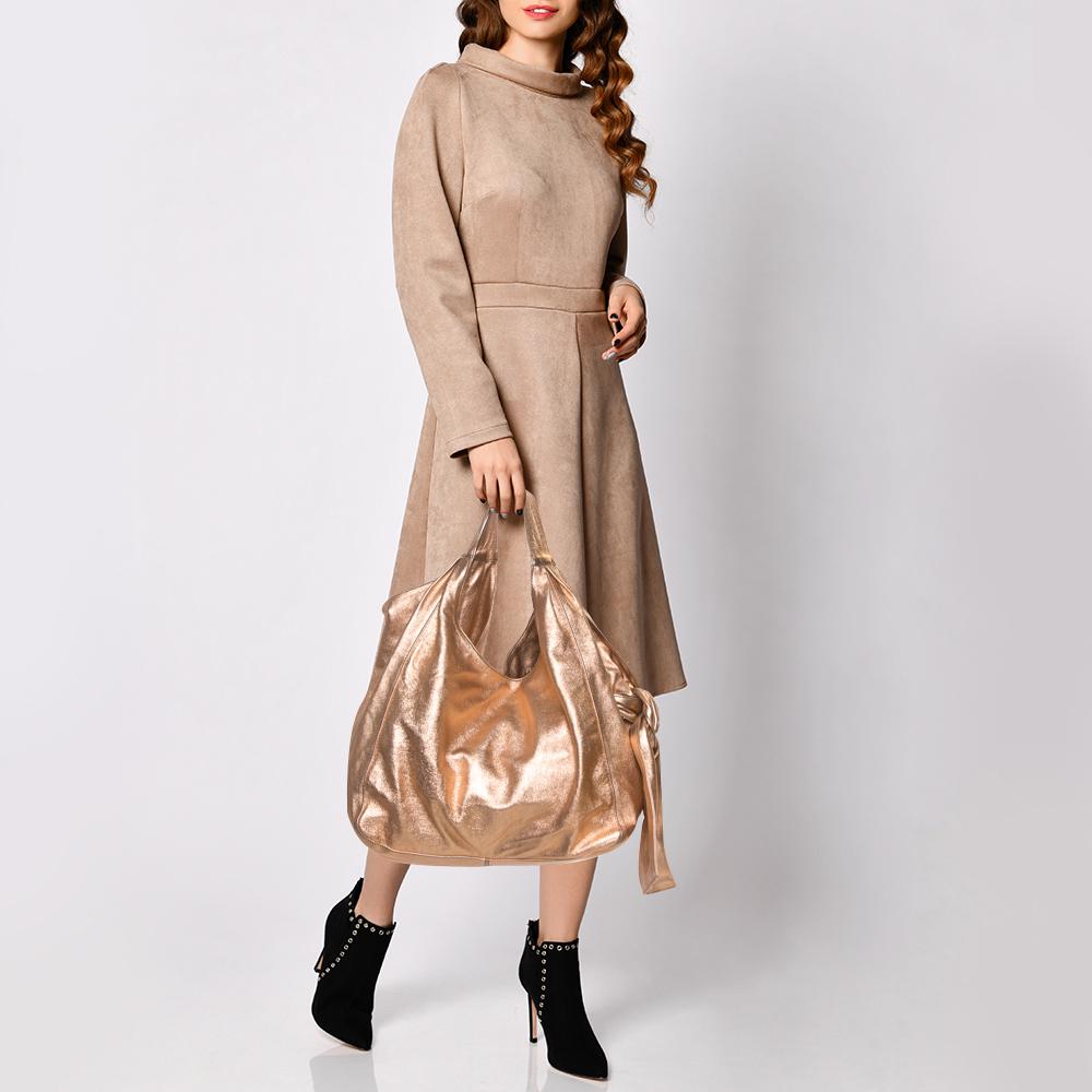 Brown Valentino Metallic Rose Gold Leather Nuage Bow Tote