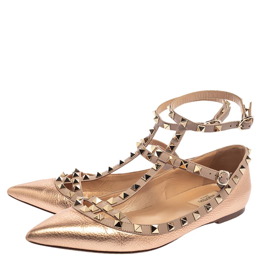 Valentino Metallic Rose Gold Leather Rockstud Ankle Strap Ballet Flats Size 40 1
