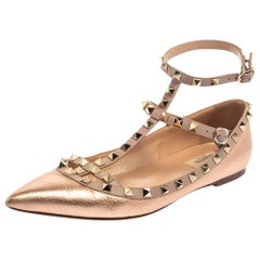 Valentino Metallic Rose Gold Leather Rockstud Ankle Strap Ballet Flats Size 40