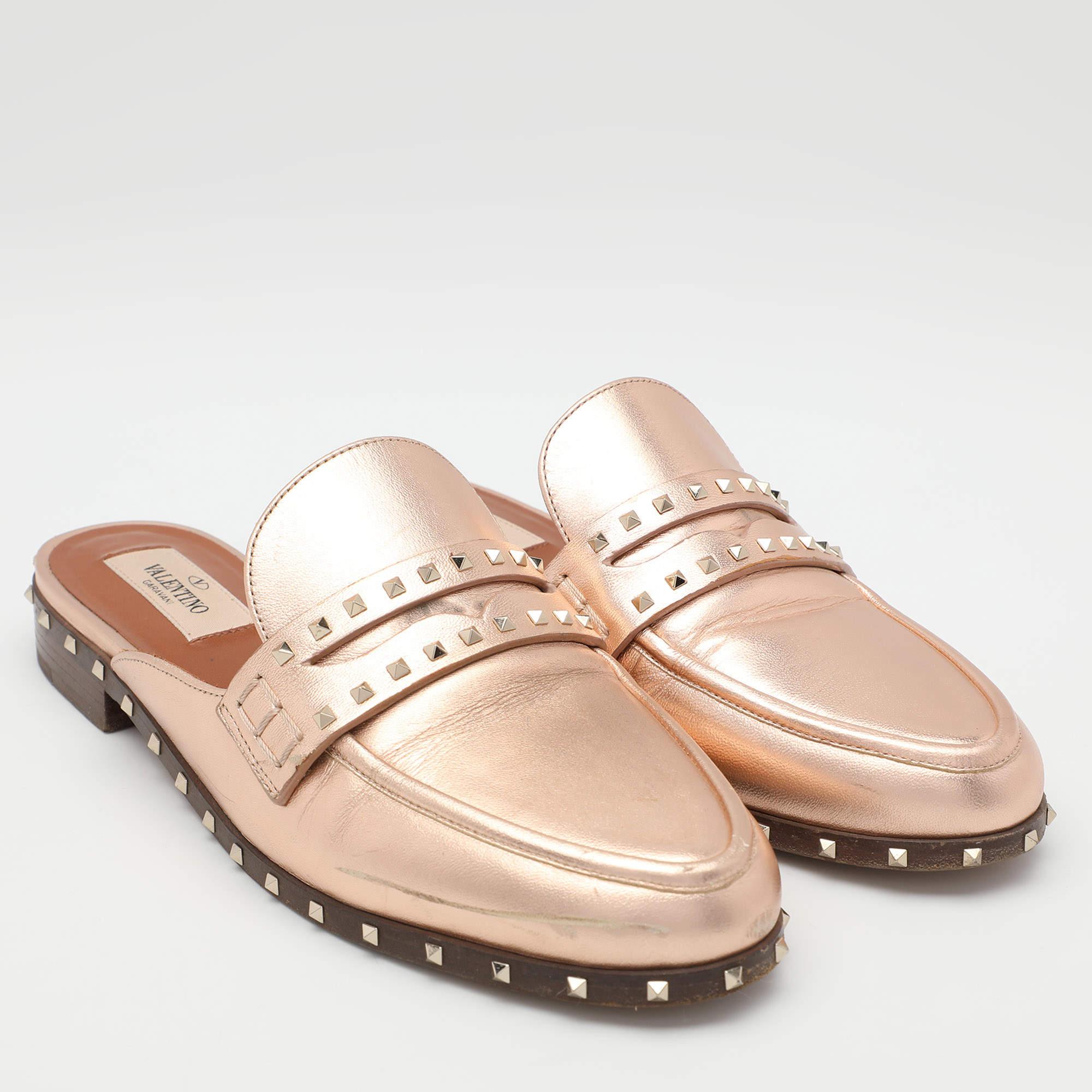 Women's Valentino Metallic Rose Gold Leather Soul Rockstud Mules Size 36