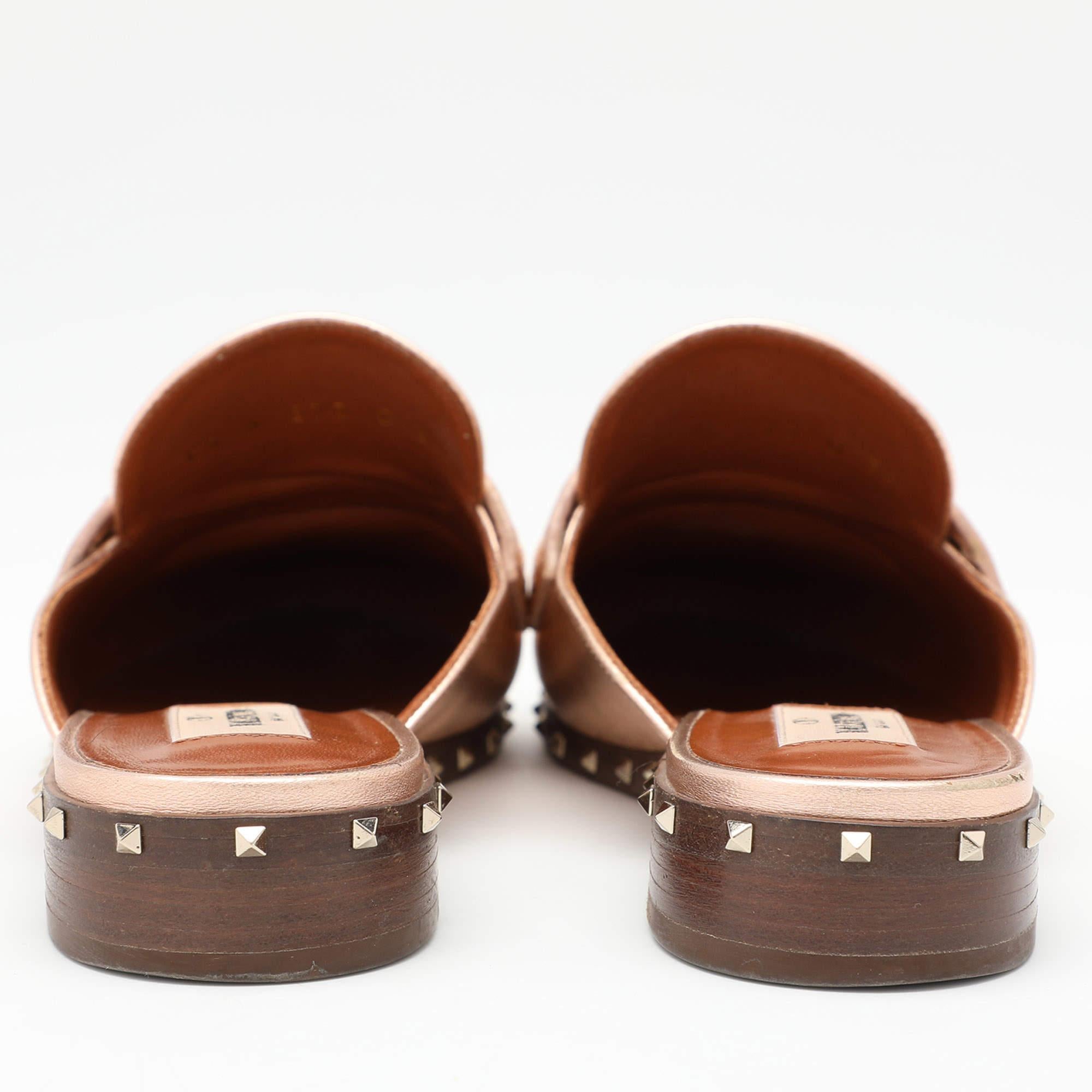 Valentino Metallic Rose Gold Leather Soul Rockstud Mules Size 36 2
