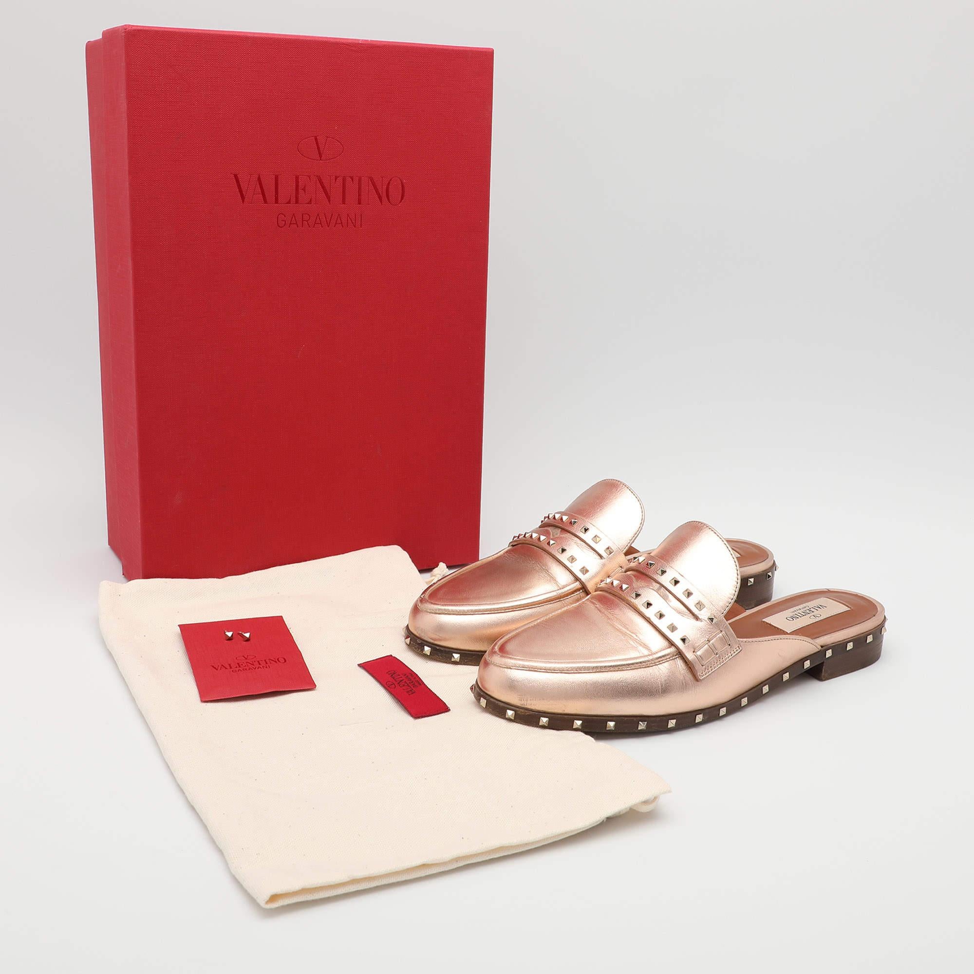Valentino Metallic Rose Gold Leather Soul Rockstud Mules Size 36 5
