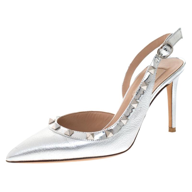 Valentino Metallic Silver Leather  D'orsay Slingback Pointed Toe Sandal Size36.5