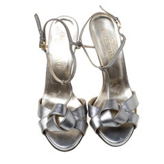 Valentino Metallic Silver Leather Knotted T-Strap Sandals Size 36.5