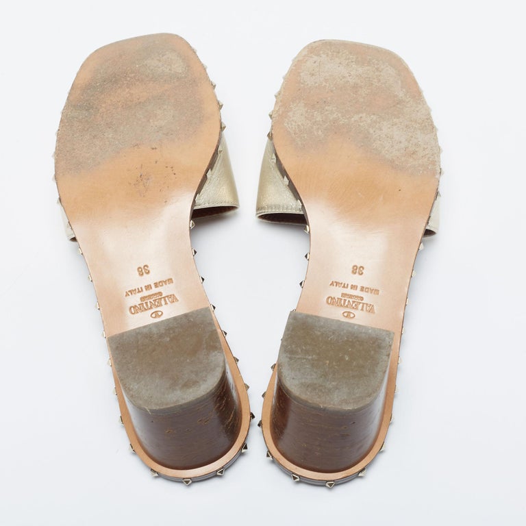 Valentino Metallic Silver Leather Rockstud Block Heel Slide Sandals