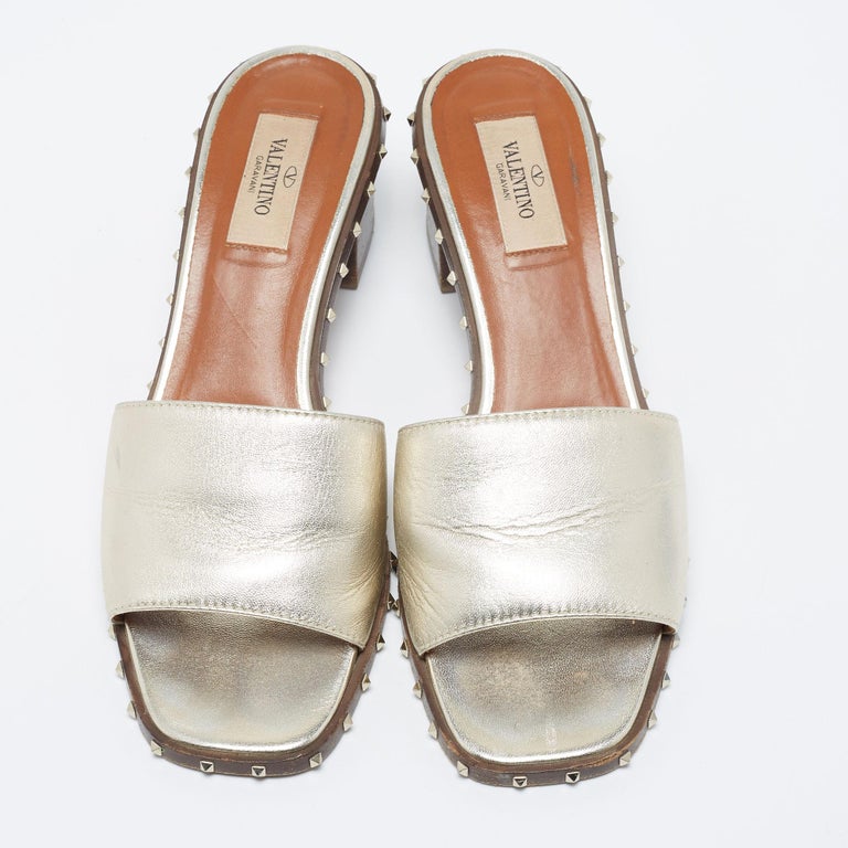 Valentino Metallic Silver Leather Rockstud Block Heel Slide Sandals