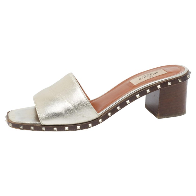 Valentino Metallic Silver Leather Rockstud Block Heel Slide Sandals