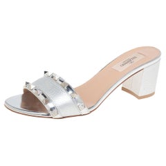 Valentino Metallic Silver Leather Rockstud Block Heel Slides Size 37.5