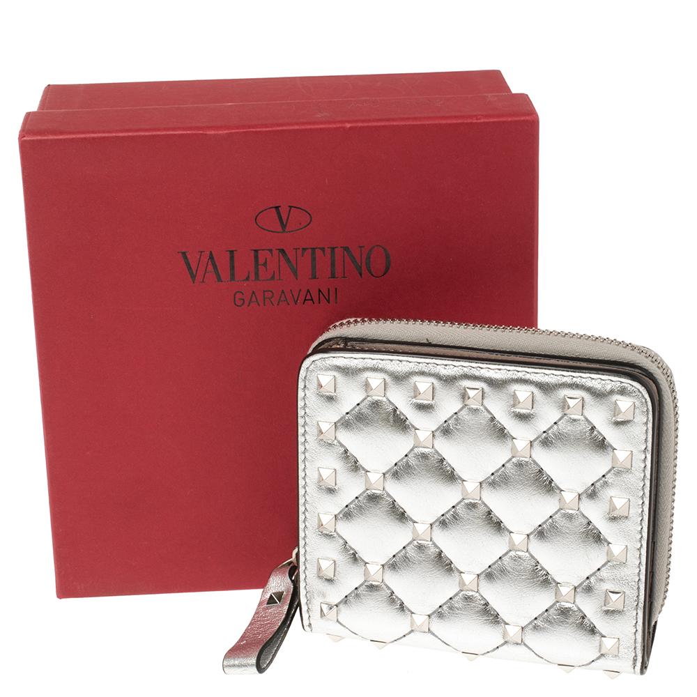 Valentino Metallic Silver Leather Rockstud Spike French Wallet 8