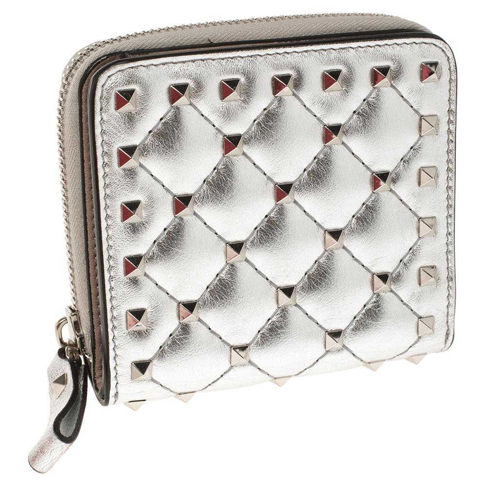 Women's Valentino Metallic Silver Leather Rockstud Spike French Wallet