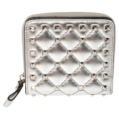 Valentino Metallic Silver Leather Rockstud Spike French Wallet