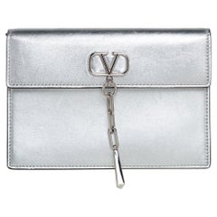 Valentino Metallic Silver Leather Vcase Clutch