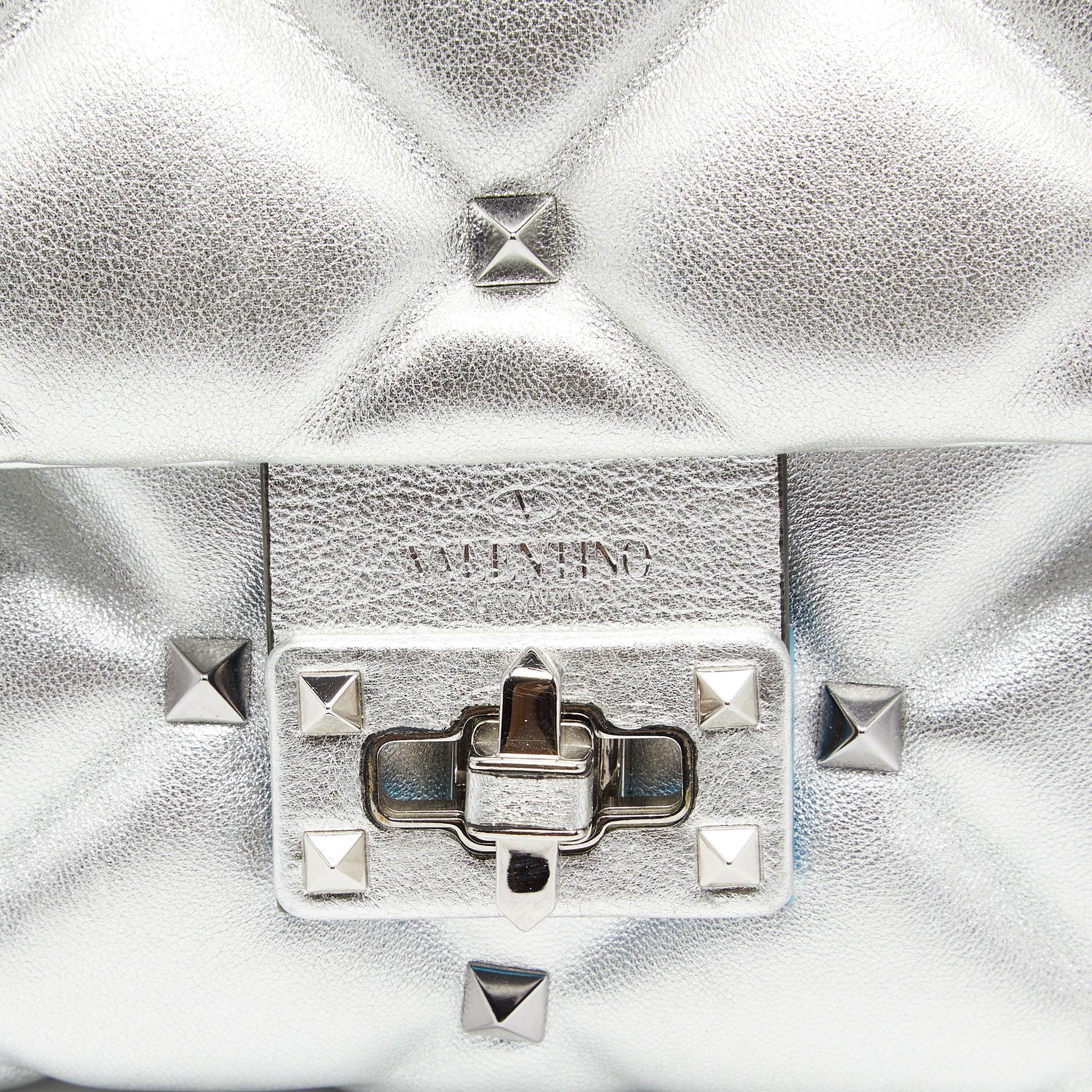 Valentino Metallic Silver Quilted Leather Mini Candystud Top Handle Bag 3