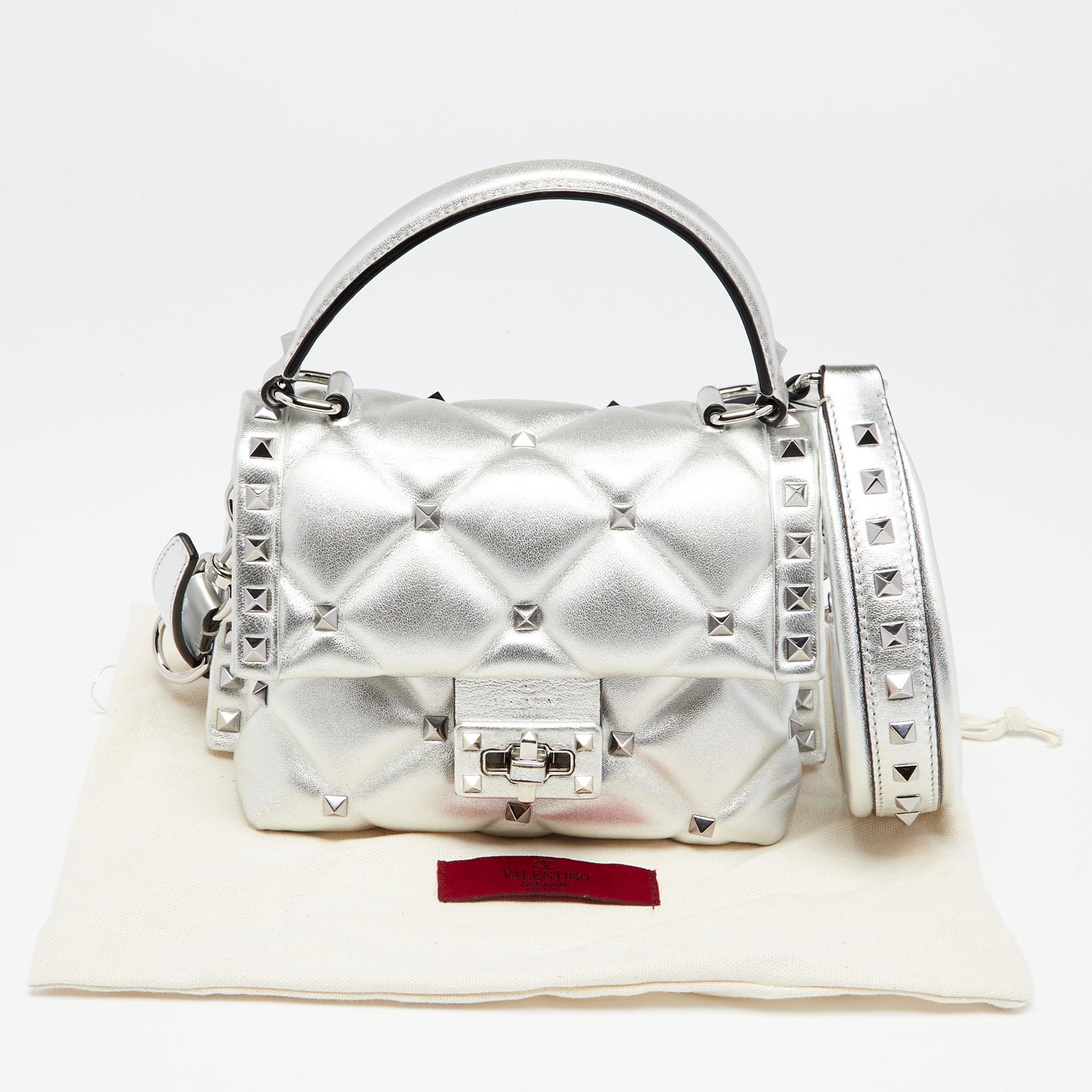 Valentino Metallic Silver Quilted Leather Mini Candystud Top Handle Bag 4