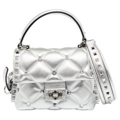 Valentino Metallic Silver Quilted Leather Mini Candystud Top Handle Bag