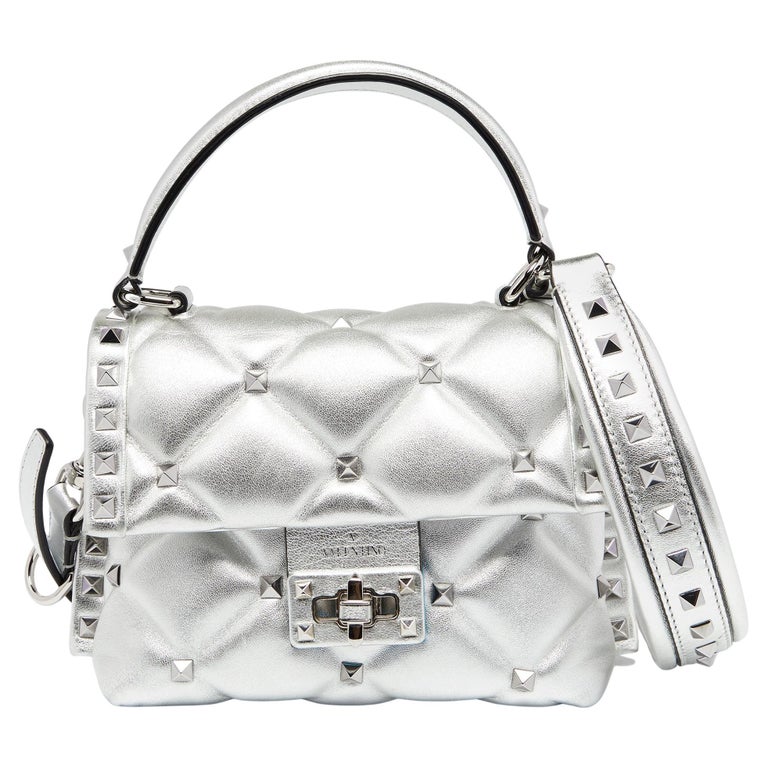 Valentino Metallic Silver Quilted Leather Mini Candystud Top Handle Bag at | small with valentino bag, valentino bag silver