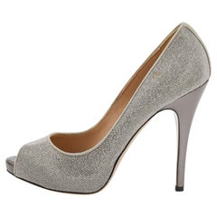 Valentino Metallic Silver Studded Suede Peep Toe Pumps Size 40
