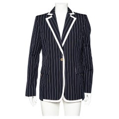 Valentino Midnight Blue Striped Cotton Button Front Blazer L
