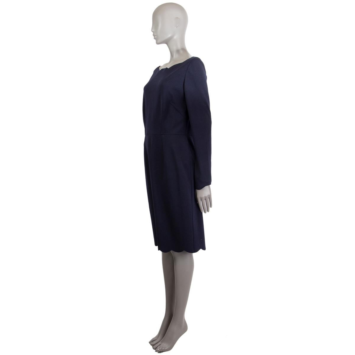 Valentino long-sleeve sheath dress in wool (84%), polyamide (11%) and elastane (5%) featuring scalloped hemline and wide neckline. Opens with a concealed zipper on the back. Undlined. Has been worn and is in excellent condition.

Tag Size 10
Size