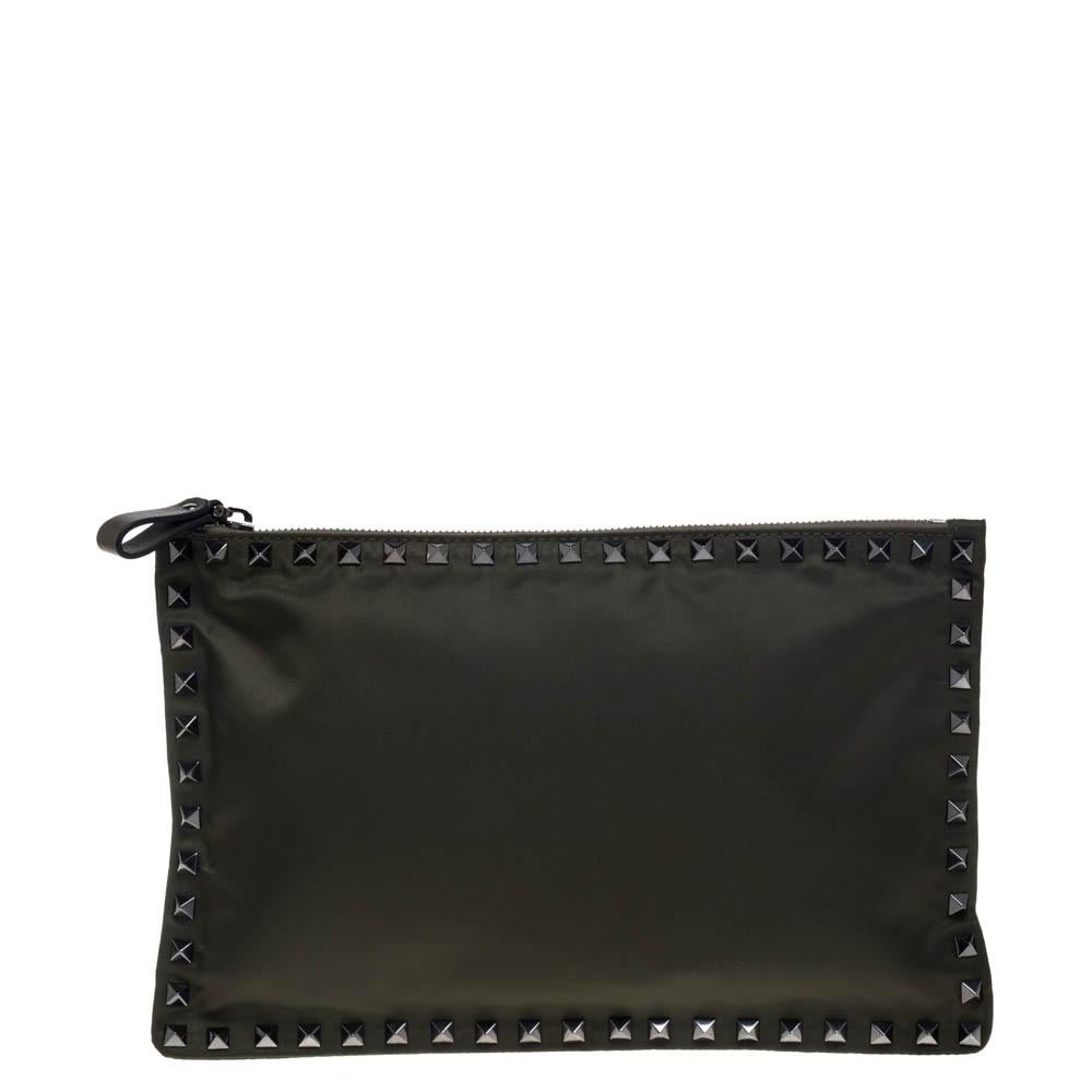 Black Valentino Military Green Nylon Rockstud Flat Clutch