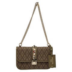 Valentino Military Green V Canvas Rockstud Medium Glam Lock Flap Bag