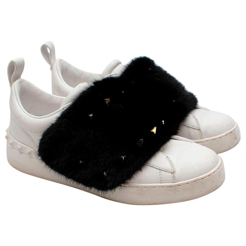 Valentino Mink-fur Rockstud low-top leather trainers - Size EU 38 For Sale