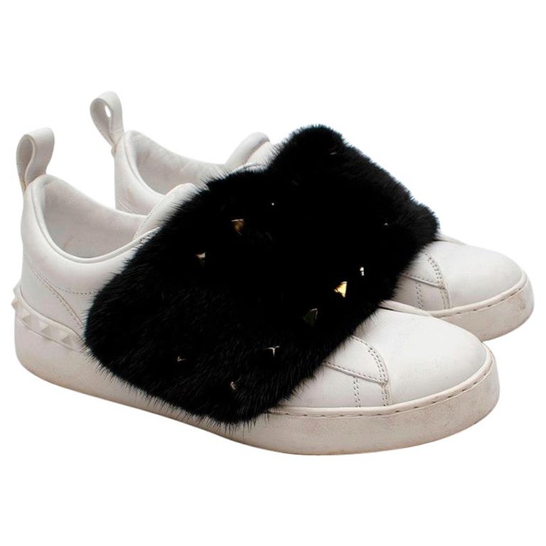 Valentino Mink-fur Rockstud low-top leather trainers - Size EU 38 For Sale  at 1stDibs