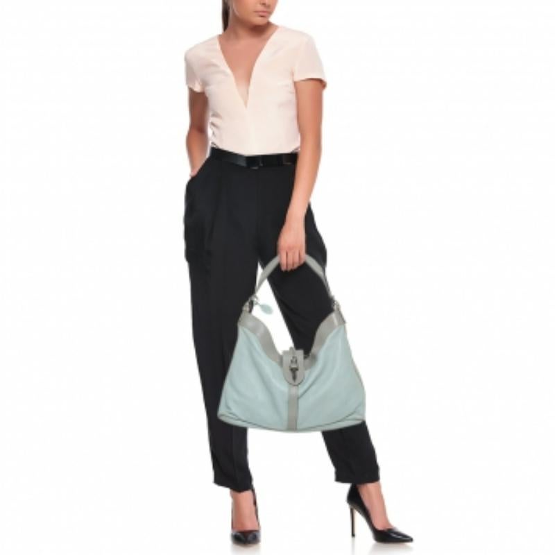 Gray Valentino Mint Blue/Grey Grain Leather Metal Flap Hobo For Sale