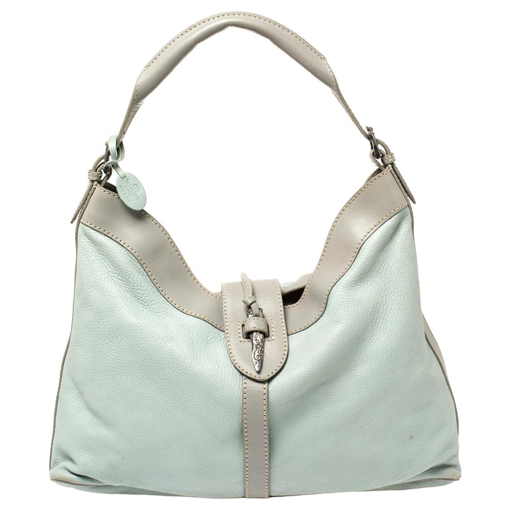 Valentino Mint Blue/Grey Grain Leather Metal Flap Hobo For Sale