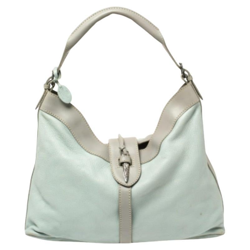 Valentino Mint Blue/Grey Grain Leather Metal Flap Hobo For Sale