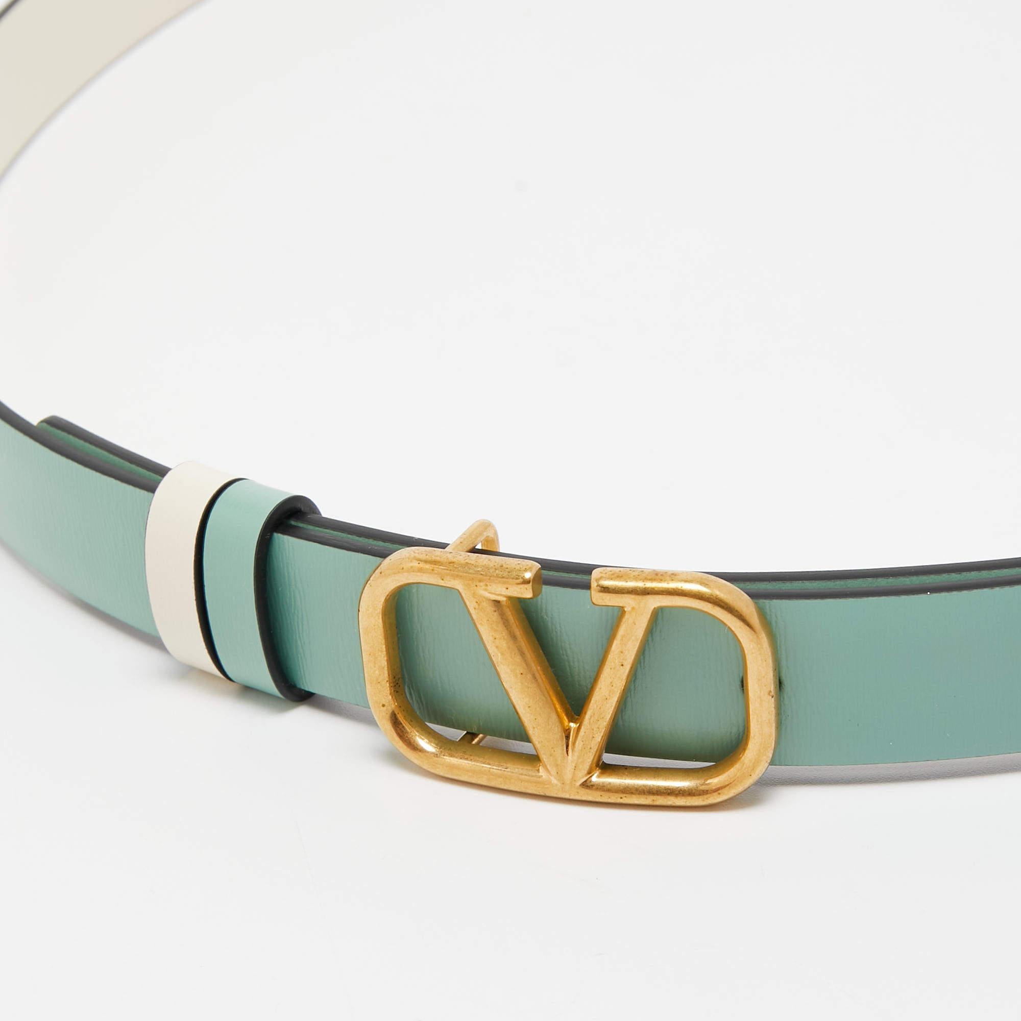 Women's Valentino Mint Green/Cream Leather VLogo Reversible Slim Belt 85 CM
