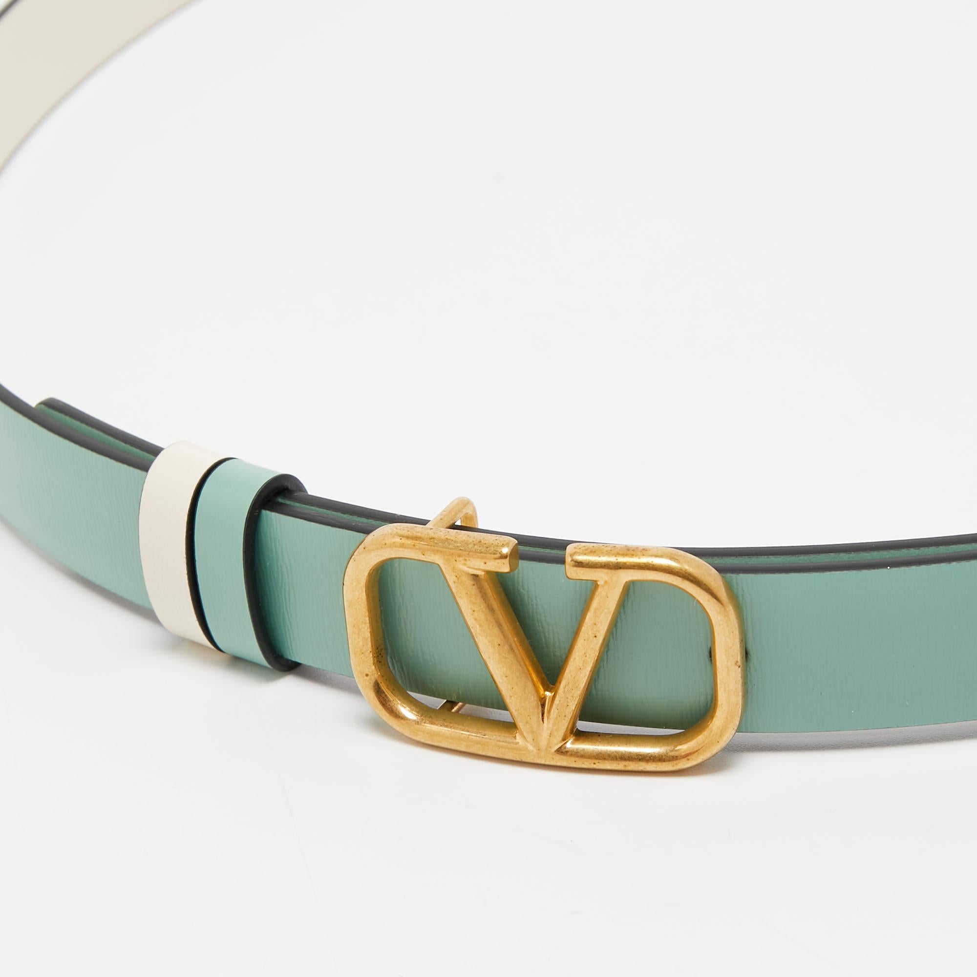 Valentino Mint Green/Cream Leather VLogo Reversible Slim Belt 85 CM 1