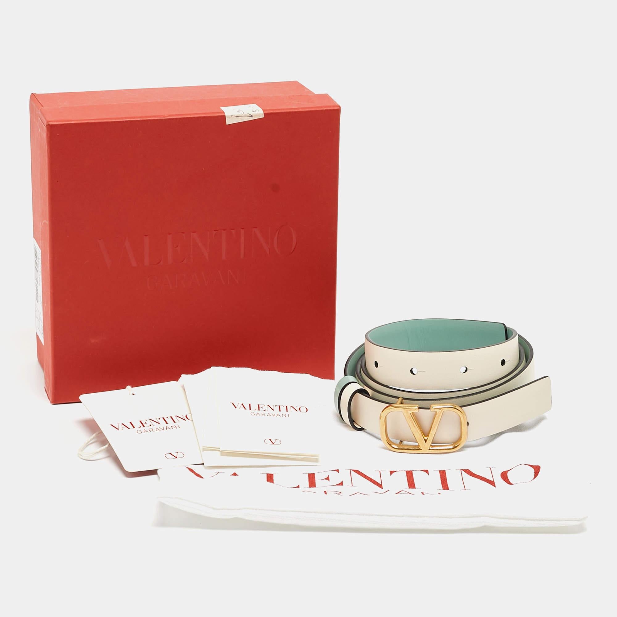 Valentino Mint Green/Cream Leather VLogo Reversible Slim Belt 85 CM 2