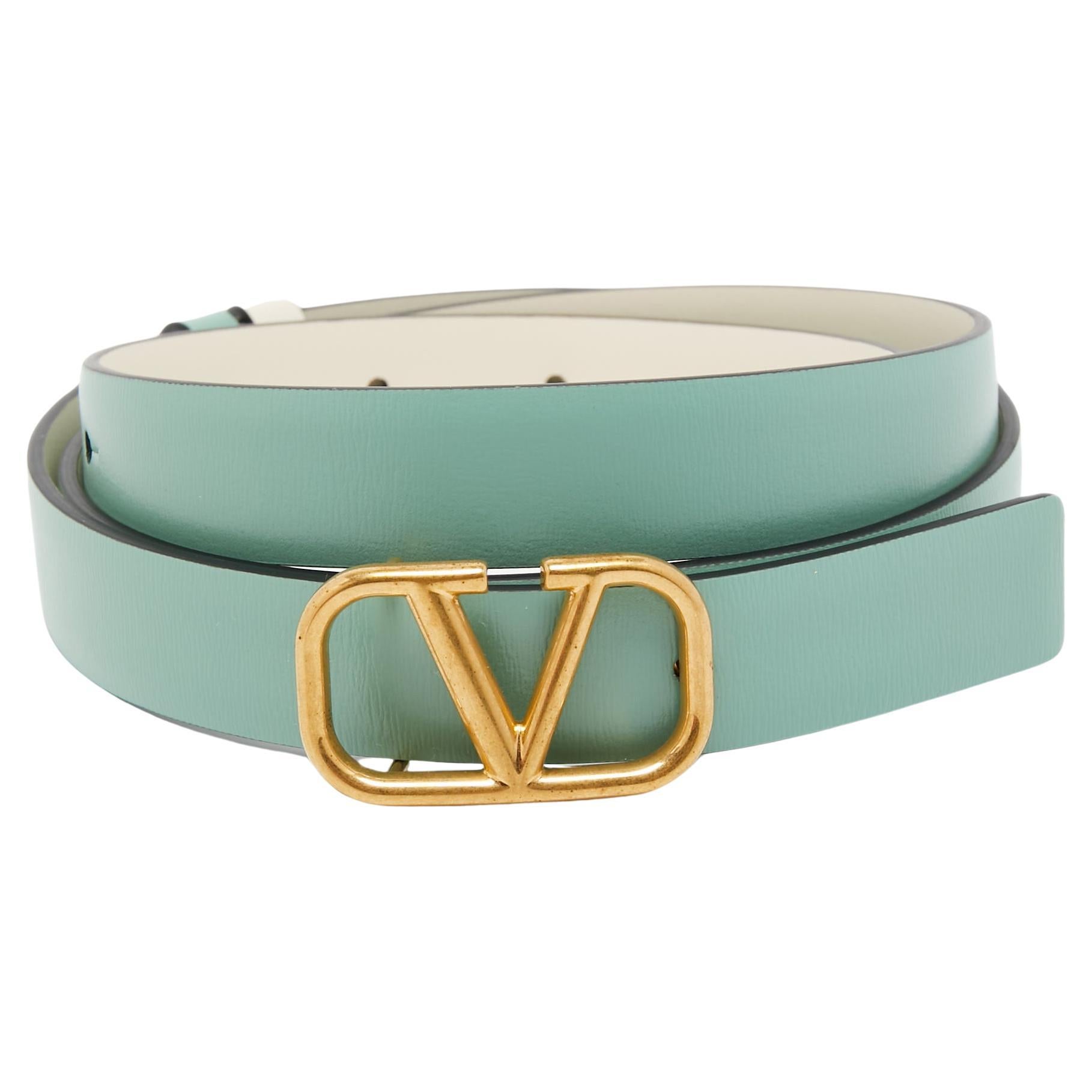 Valentino Mint Green/Cream Leather VLogo Reversible Slim Belt 85 CM