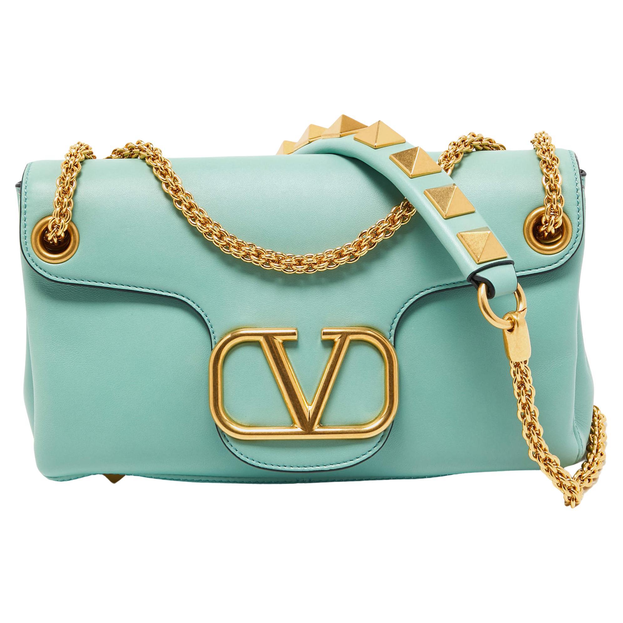 Valentino Mint Green Leather Stud Sign Shoulder Bag