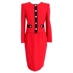 Valentino Miss V 90s Red Blue Wool Evening Skirt Suit and Jacket 