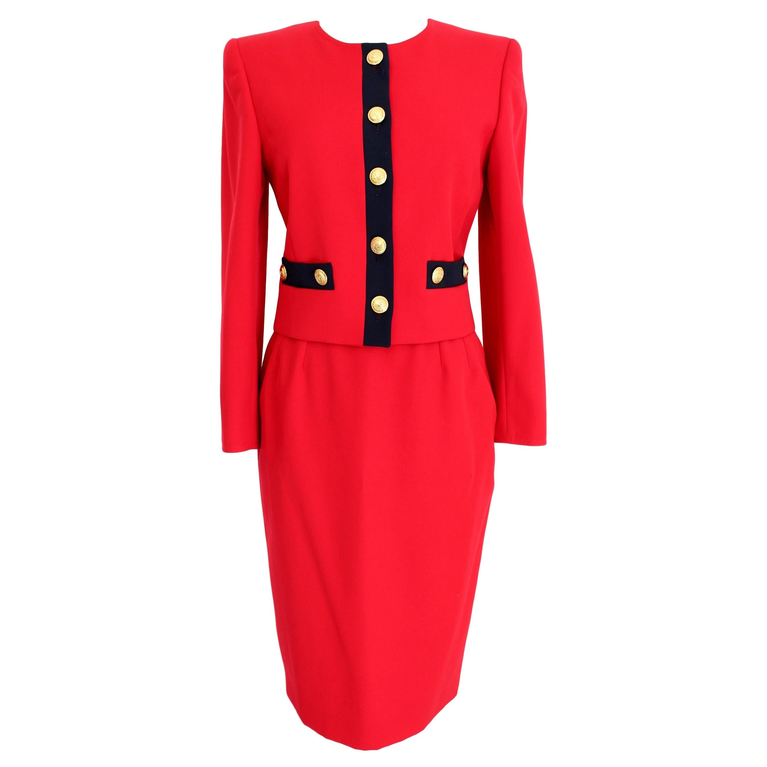 Valentino Miss V 90s Red Blue Wool Evening Skirt Suit and Jacket