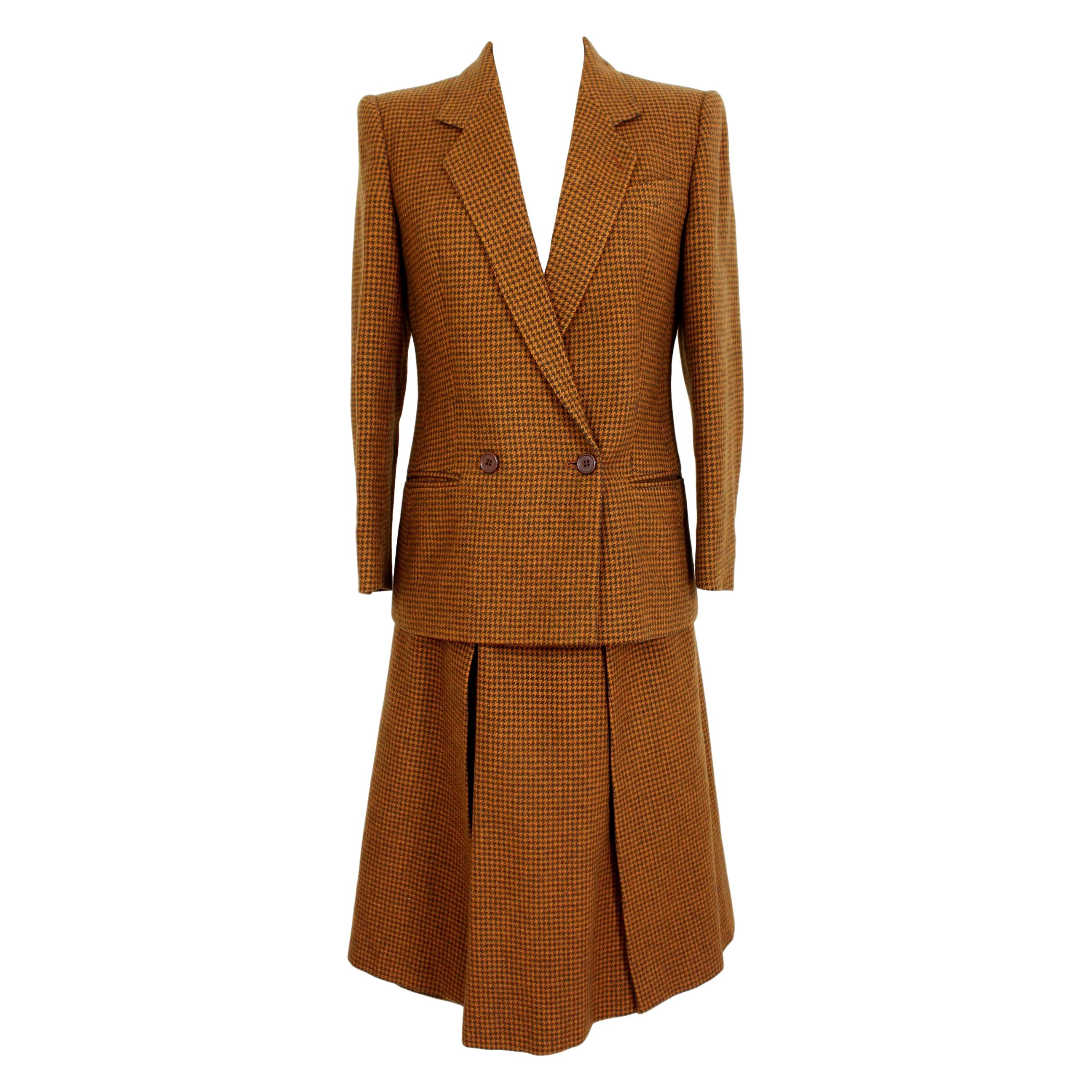 Valentino Miss V Beige Brown Wool Check Double Breasted Jacket Skirt Suit 