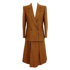 Vintage Valentino Miss V Beige Brown Wool Check Double Breasted Jacket Skirt Suit 