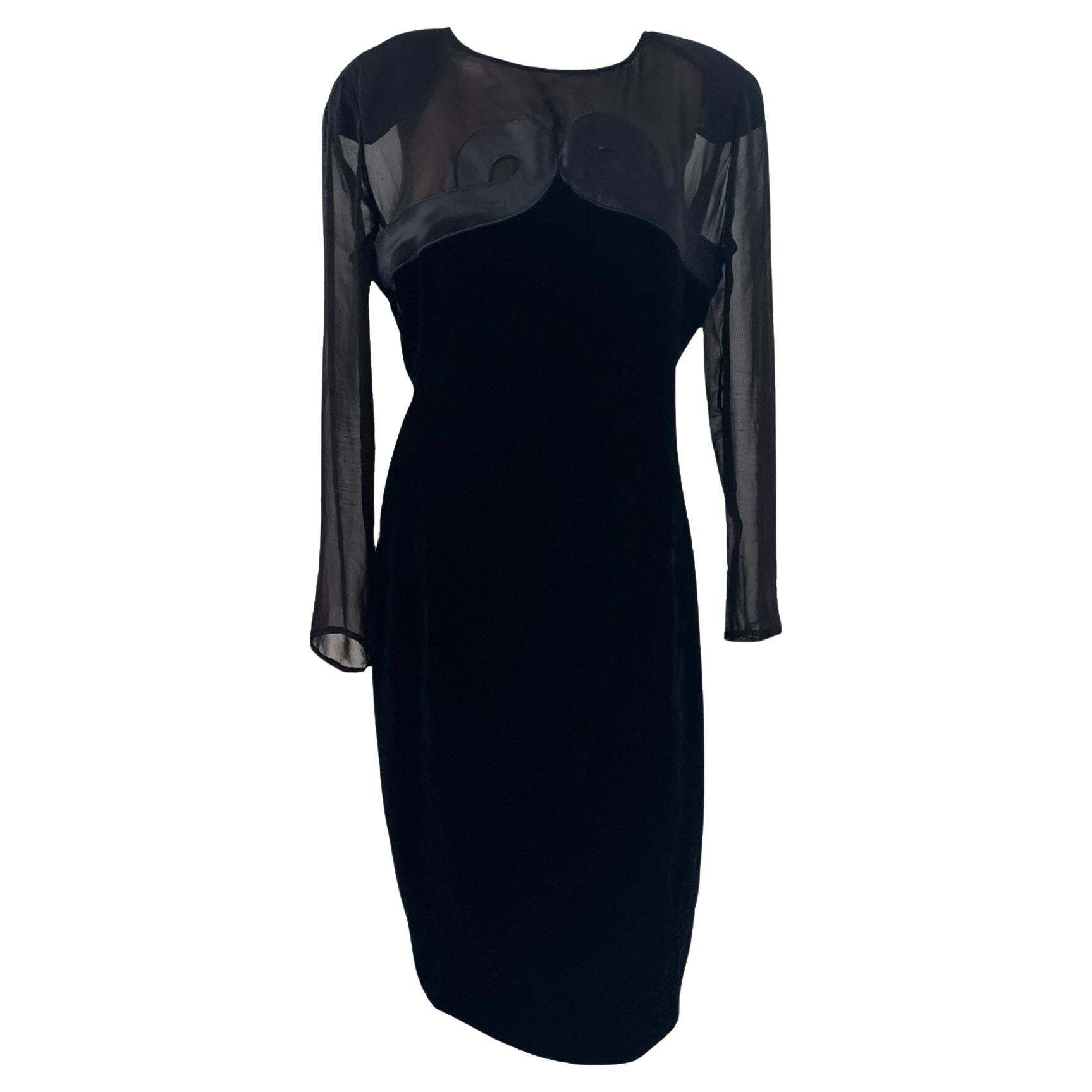 Valentino Miss V Black Velvet and Sheer Silk Cocktail Dress in vendita