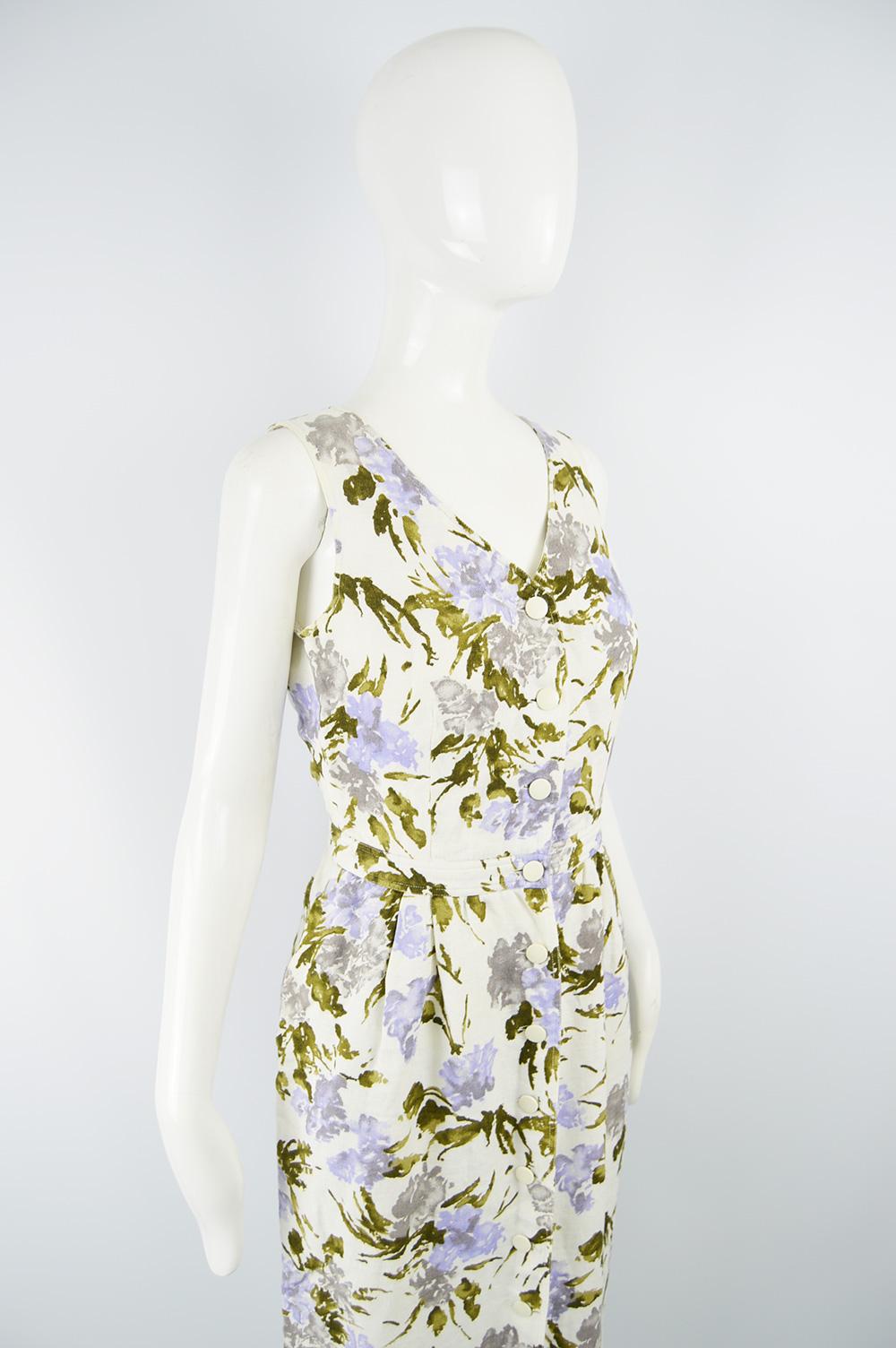 Women's Valentino Miss V Vintage White & Lilac Floral Print Linen Dress, 1980s For Sale