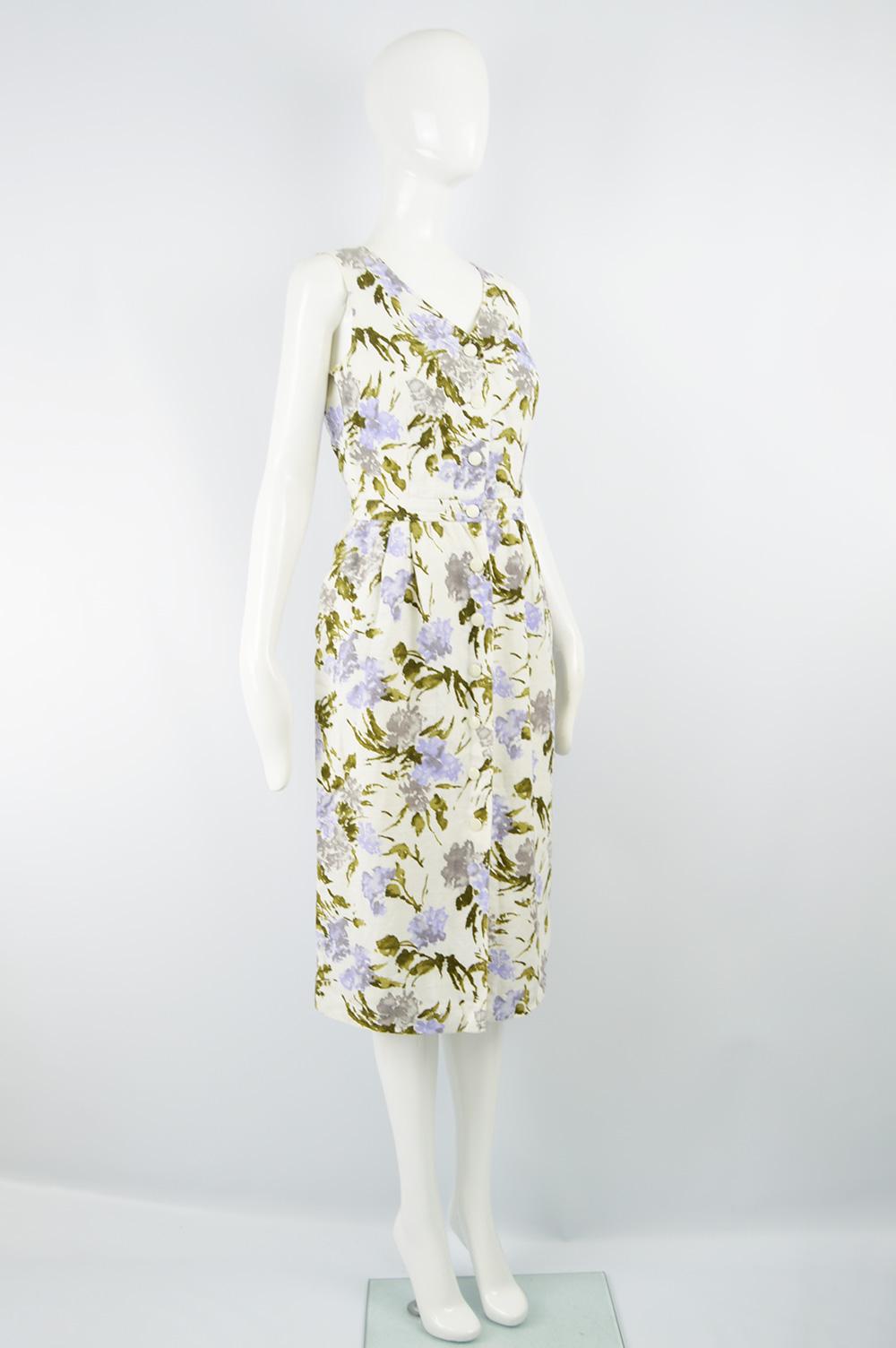 Valentino Miss V Vintage White & Lilac Floral Print Linen Dress, 1980s For Sale 1