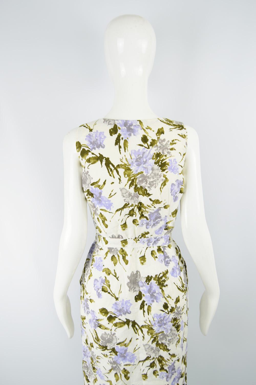 Valentino Miss V Vintage White & Lilac Floral Print Linen Dress, 1980s For Sale 4