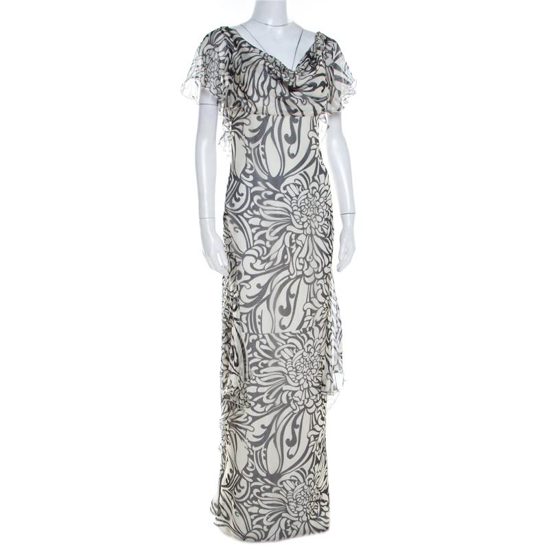 Gray Valentino Monochrome Floral Printed Silk Ruffled Backless Evening Gown M