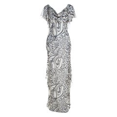 Valentino Valentino Monochromes, geblümtes, bedrucktes, gerafftes, rückenfreies Abendkleid aus Seide M