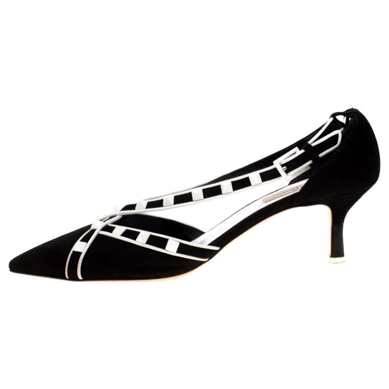 Valentino Monochrome Suede Free Rockstud Cross Strap Pointed Toe Pumps Size  40 For Sale at 1stDibs