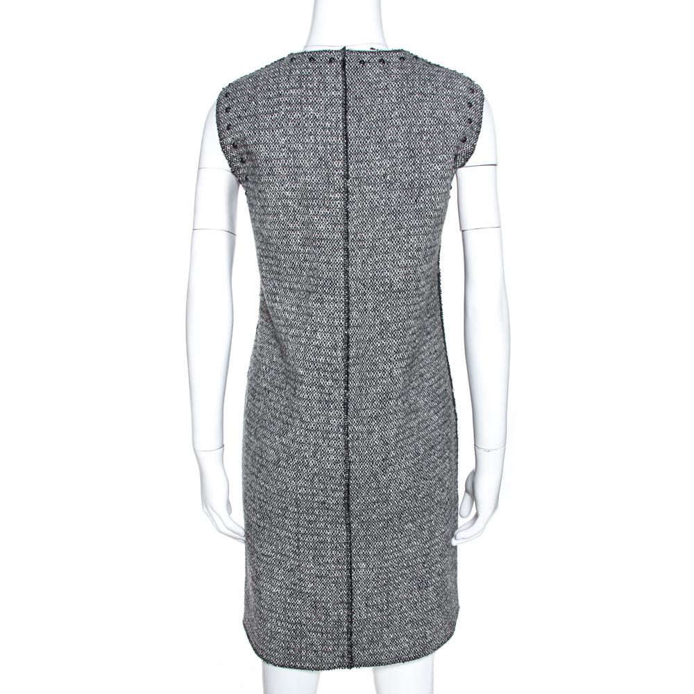 Gray Valentino Monochrome Tweed Studded Sleeveless Shift Dress L