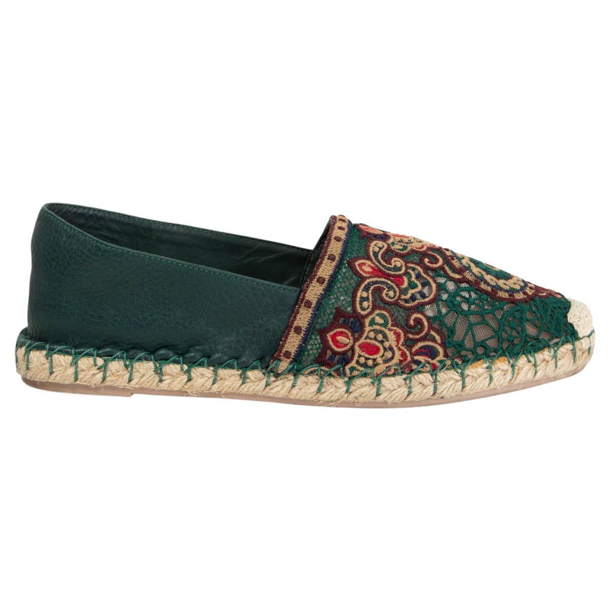 VALENTINO moss green leather EMBROIDERED LACE Espadrilles Flats Shoes 37 For Sale