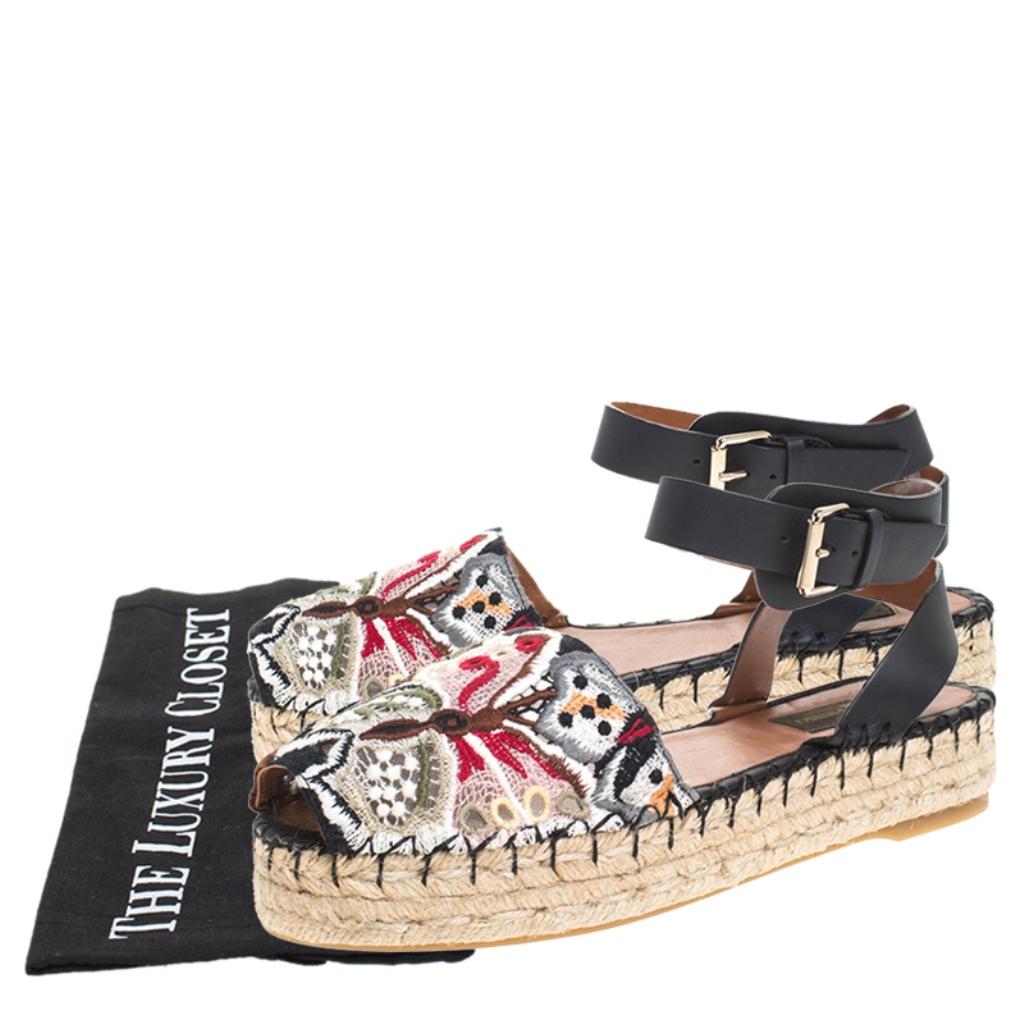 Valentino Multcolor Camubutterfly Lace And Leather Platform Espadrilles Size 38 3